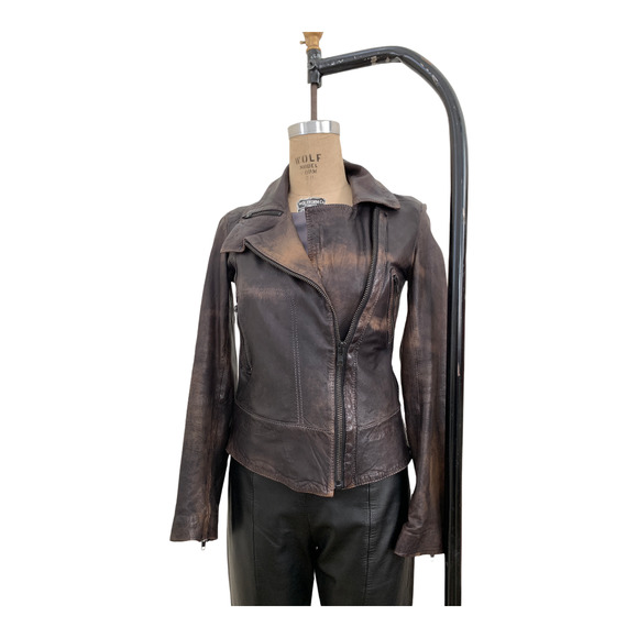 ALLSAINTS Coat Fit Moto Jacket Brown Weathered Supple Leather - Picture 7 of 9